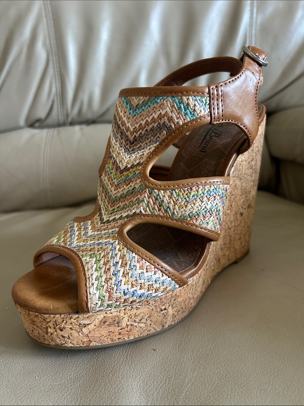 Lucky Brand Multicolor Woven Cork Wedge Sandals